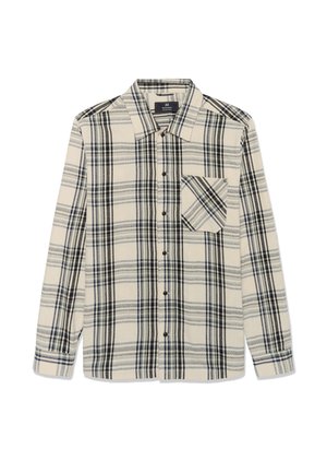 Ilga piedurkņu bēša pogām aiztaisā krekla ar melnu un pelēku rūtainu rakstu un vienu krūšu kabatu ar diagonāliem rūtainiem svītrām.