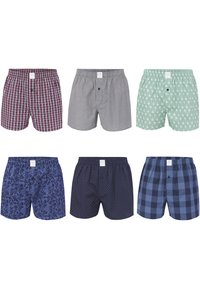 Ensemble de six boxers pour hommes dans divers motifs : carreaux, rayures, floral et à pois. Les couleurs comprennent le marine, le vert, le rouge et le bleu clair. Matériau en coton.