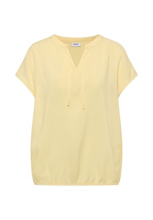 Blouse jaune clair à manches courtes, col en V avec détail cordon, taille élastique et coupe décontractée.