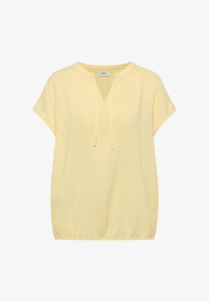 Blouse jaune clair à manches courtes, col en V avec détail cordon, taille élastique et coupe décontractée.