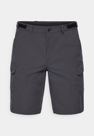 Graue Cargo-Shorts aus leichtem Stoff, mit seitlichen Taschen, flacher Front und glatter Textur. Verstellbarer Bund inklusive.