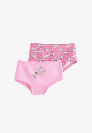 To lyserøde børnetrusser, den ene ensfarvet med Hello Kitty og Cinnamoroll med balloner, den anden mønstret med gentagne Cinnamoroll-ansigter og stjerner.