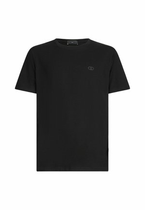 T-shirt en coton noir à manches courtes, col rond et logo discret sur la poitrine. Design simple et à coupe droite.