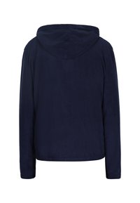 Felpa con cappuccio blu navy realizzata in morbido materiale felpato, con maniche lunghe, una vestibilità standard e una texture liscia.