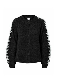 Svart stickad cardigan med rund halsringning, framknappar och vit dekorativ sömnad längs ärmarna. Mjukt, texturerat tyg.