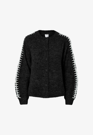 Černý pletený cardigan s kulatým výstřihem, předními knoflíky a bílým dekorativním prošíváním podél rukávů. Měkká, strukturovaná tkanina.