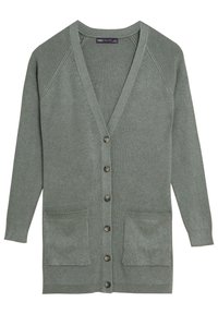 Lichtgroene, geribbelde cardigan met een V-hals, knoopsluiting en twee voorkwam pockets. Bevat lange mouwen en een zachte textuur.
