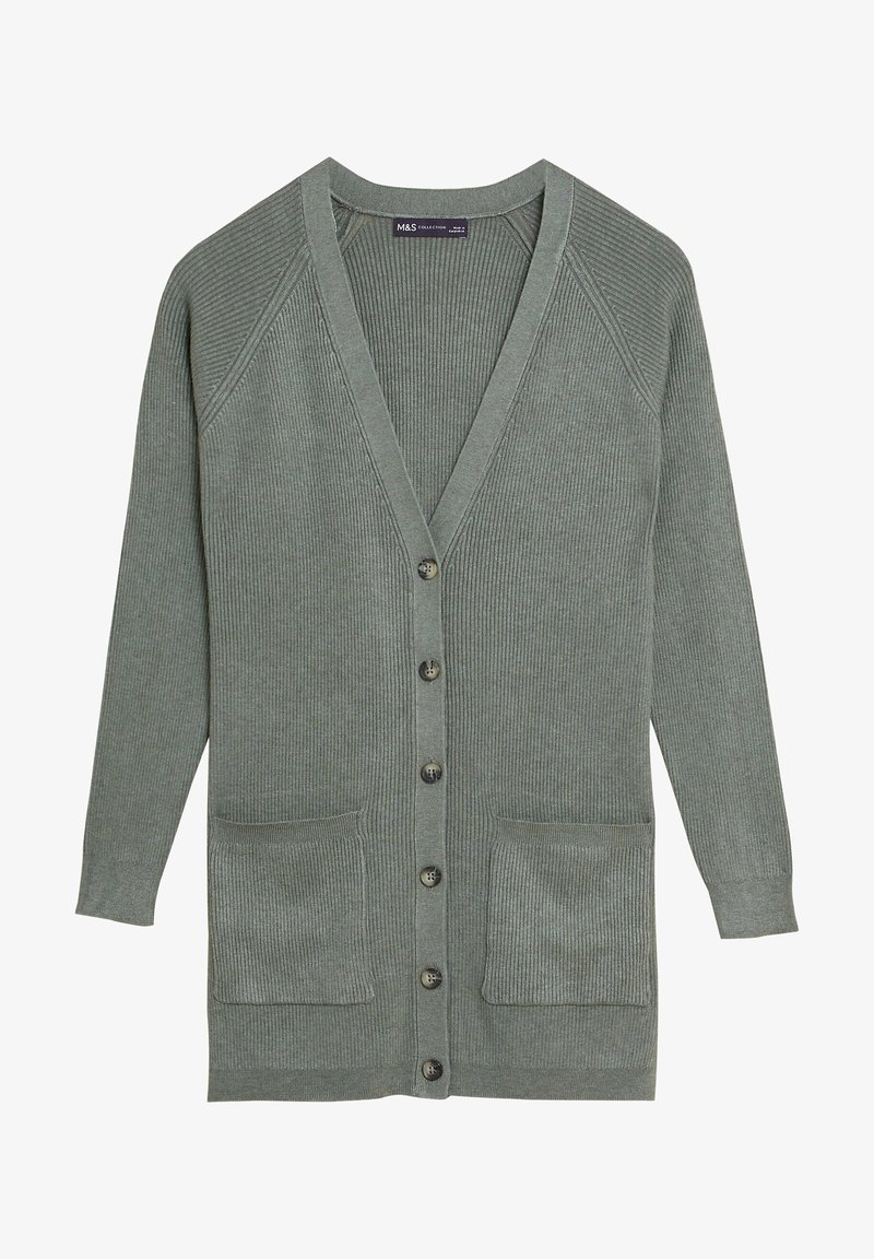 Lichtgroene, geribbelde cardigan met een V-hals, knoopsluiting en twee voorkwam pockets. Bevat lange mouwen en een zachte textuur.