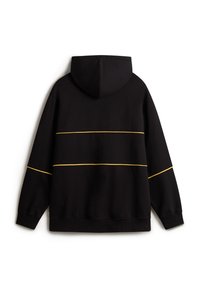 Svart huvtröja med huva, långa ärmar och gula horisontella ränder över ryggen. Tillverkad av mjukt material med en slät textur.