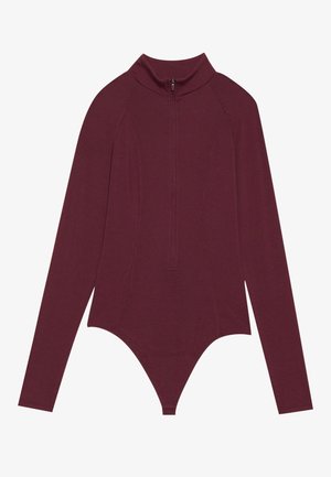 Bordeaux langermet bodysuit med glidelås i kragen, tettsittende design og sømløse kanter, som fremhever en glatt tekstur og full dekning.