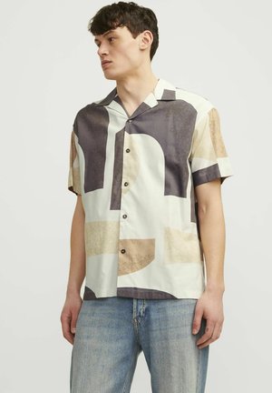 Short-sleeve shirt made of woven fabric, featuring an abstract geometric pattern in cream, beige, and dark gray. Six buttons front closure.