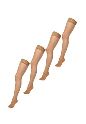 Nude farvede strømper med blondekant og glat finish, vist i tre vinkler.