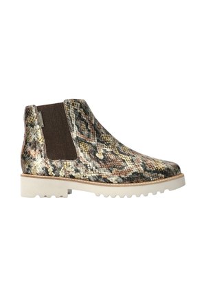 Bottine à enfiler hauteur cheville avec motif en cuir de serpent multicolore texturé, panneau latéral élastique marron et semelle blanche rainurée.
