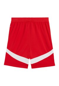 Pantaloni sportivi rossi realizzati in tessuto leggero, con una striscia diagonale bianca lungo l'orlo. Vita elastica per il comfort.