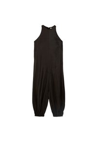 Musta ilmanhihaista haalarimekkoa, joka on valmistettu sileästä kankaasta. Siinä on rento istuvuus, tipattu haarapituus ja hillitty sauman yksityiskohtia.