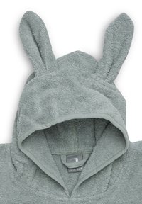 Grijze capuchonhanddoek met konijnenoren, gemaakt van zacht badstof. Heeft een grote capuchon, een gestructureerd oppervlak en een label voor één maat.