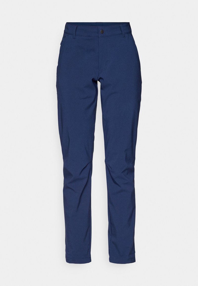 Pantalon bleu marine en tissu lisse, avec une coupe classique, poches avant et une fermeture éclair avec bouton.