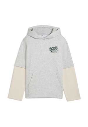 Grå huva sweatshirt med långa beige ärmar, framficka i känguru-stil och "PUMA"-grafiklogotyp i mörkgrön på bröstet. Mjuk tygkänsla.