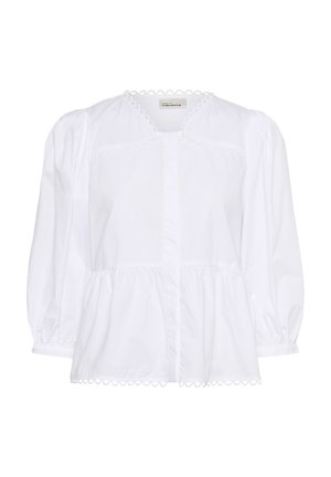Bela bombažna bluza s napihnjenimi rokavi, valovitim robom ob izrezu in robu, gumbom za zapiranje spredaj ter nabranim peplum dizajnom.