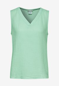 Blusa sin mangas de color verde menta con escote en V, hecha de una tela ligera que presenta una textura sutil y un dobladillo recto y limpio.