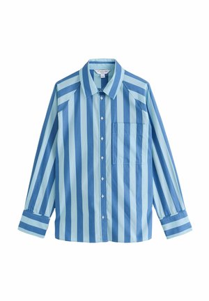 Blue and light blue striped button-up shirt featuring long sleeves, a pocket on the left, and a pointed collar. Cotton material.