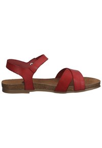 Rød lædersandal med krydsrem-design. Har indersål i kork og ydersål i gummi. Justerbar ankelrem sikret med metalhardware.