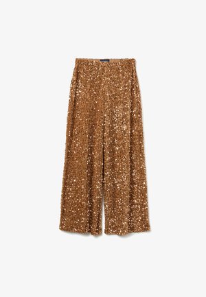 Pantalons à jambes larges en sequins dorés scintillants ; taille élastique ; texture douce ; coupe ample ; présente une coupe droite sans fermetures visibles.