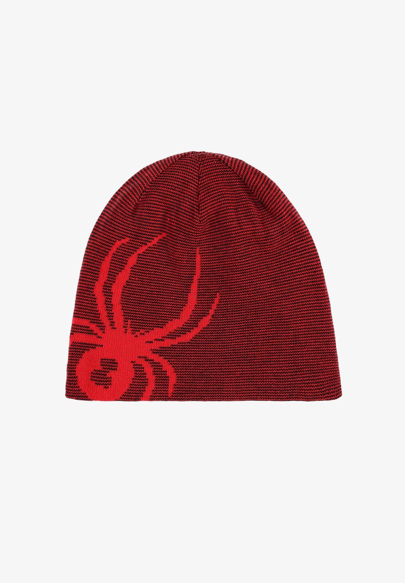 Bonnet en tricot rouge avec des rayures horizontales noires et un grand motif de spider rouge sur le côté. Fabriqué en matériau doux et élastique pour le confort.