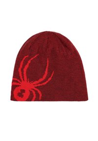 Rode gebreide beanie met zwarte horizontale strepen en een grote rode spin grafiek aan de zijkant. Gemaakt van zacht, elastisch materiaal voor comfort.