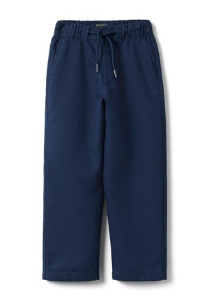 Pantalones infantiles azul marino con cintura elástica, cordón ajustable, bolsillos laterales y piernas rectas.