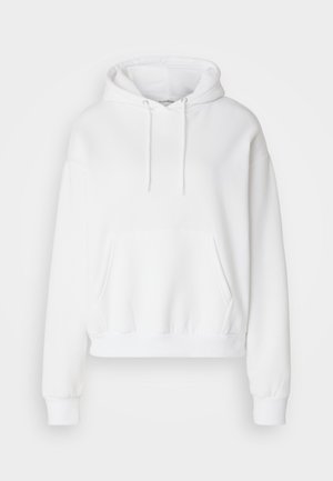 Hvid hættetrøje med lomme foran, ribbede manchetter og kant. Blødt stof og afslappet pasform, med snore i hætten.