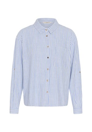Cămașă cu mânecă lungă cu dungi verticale albastre deschis și albe, cu guler, nasturi în față, buzunar la piept și capse pe mâneci.