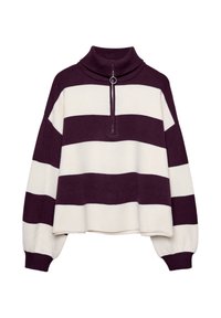 Pull en mélange de laine avec un col haut, présentant des rayures horizontales blanches et violettes foncées, et un détail de zip argenté au niveau du cou.