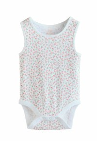 Biele dieťaťové tielko bez rukávov s kvetinovou potlačou obsahujúcou malé ružové kvety a zelené listy. Zapínanie na patentky v spodnej časti. Jemný bavlnený materiál.