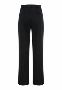 Pantalons noirs à coupe droite, avec deux poches arrière et une texture lisse. Aucun motif visible ni détails en matériel.