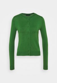 Groen gebreid vest met een ronde hals, lange mouwen en een knoopsluiting aan de voorkant. Heeft een geribbelde zoom en manchetten. Soepele textuur.