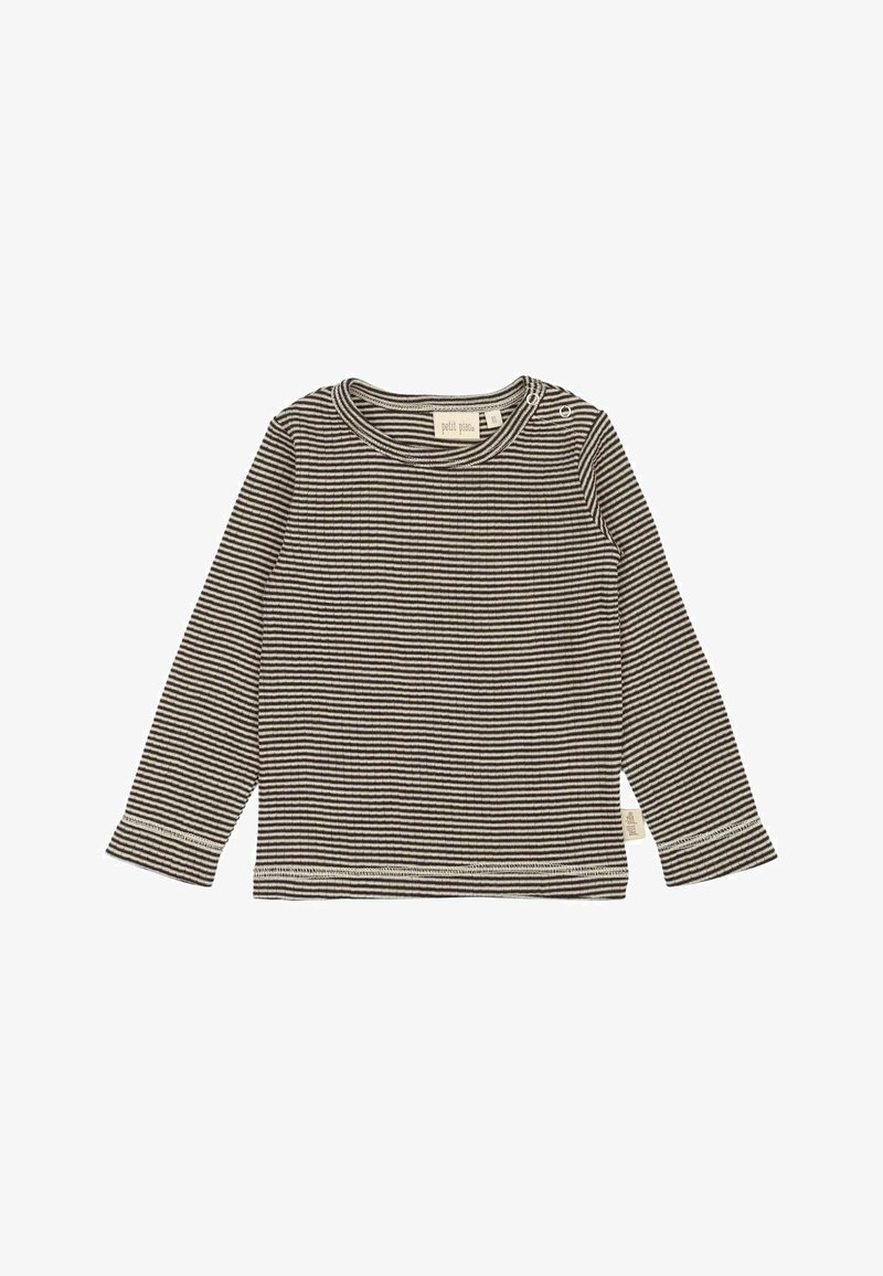 Fekete-fehér csíkos, hosszú ujjú ing, puha anyagból, kerek nyakú, vállán patentgombbal.