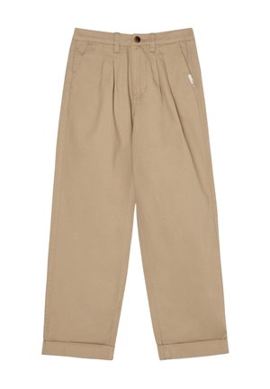 Beige Baumwollhosen mit plissiertem Design, seitlichen Taschen, Knopfverschluss und umgeschlagenen Säumen für eine entspannte Passform.