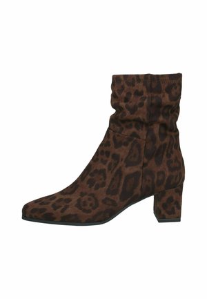 Brown ankle boot with dark leopard print, a slouchy upper, rounded toe, and a low block heel.