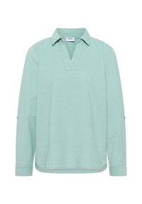 Blouse à manches longues vert clair avec col en V ouvert et pattes de boutonnage sur les manches, en tissu léger avec une coupe décontractée.