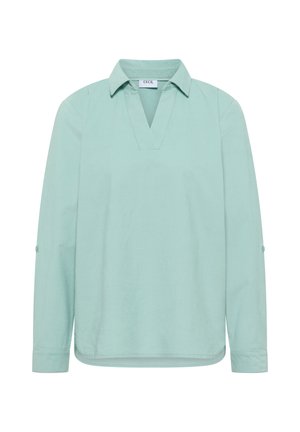 Blouse à manches longues vert clair avec col en V ouvert et pattes de boutonnage sur les manches, en tissu léger avec une coupe décontractée.