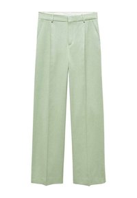Pantalons larges de couleur vert clair, fabriqués en tissu doux. Présentent un devant plat avec deux poches latérales et des plis subtils. Détails de couture durables.