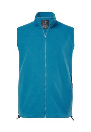 Blauwe fleece vest met een hoge kraag, volledige rits aan de voorkant en verstelbare koordjes aan de onderrand. Voorzien van zijzakken en een soepele textuur.