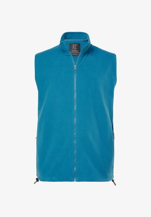 Sininen fleece-liivi, jossa on korkea kaulus, täysi etuvetoketju ja säädettävät narut helman kohdalla. Varustettu sivutaskuilla ja sileällä pinnalla.