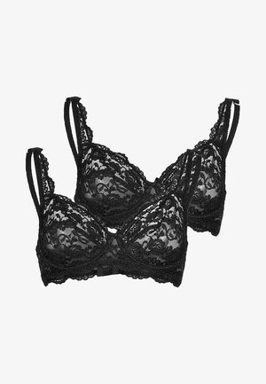 Bras in pizzo nero con supporto e motivi floreali, spalline regolabili e chiusura posteriore a gancio e occhiello, caratterizzati da una texture morbida e trasparente.