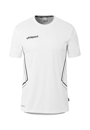 Weißes Sport-T-Shirt mit kurzen Ärmeln, schwarzem "uhlsport"-Logo auf der Brust und schwarzen schrägen Streifen an den Seiten.