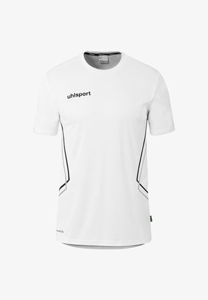 Weißes Sport-T-Shirt mit kurzen Ärmeln, schwarzem "uhlsport"-Logo auf der Brust und schwarzen schrägen Streifen an den Seiten.