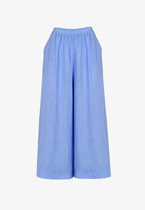 Jasnoniebieskie, szerokie spodnie z elastycznym paskiem, wykonane z miękkiego lnu, o gładkiej fakturze i bez widocznych wzorów.
