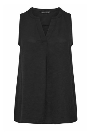 Blusa nera senza maniche con scollo a V e tessuto leggermente strutturato, vestibilità ampia, senza chiusure o decorazioni visibili.