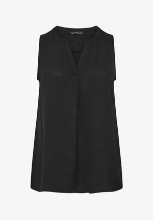 Zwarte mouwloze blouse met V-hals en subtiel gestructureerde stof, losse pasvorm, zonder zichtbare sluitingen of versieringen.